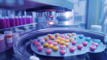 Poster - Modern pharmaceutical lab with high-tech machines manufacturing tablets for healthcare