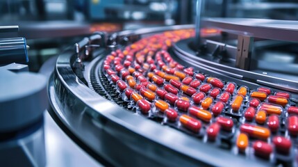 Poster - Modern pharmaceutical lab with high-tech machines manufacturing tablets for healthcare