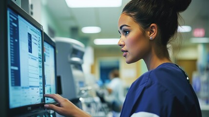 Poster - Nurse accessing digital health records on screen in a high-tech hospital environment