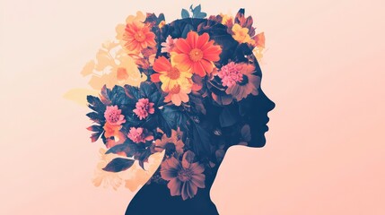 Poster - Mental health women's day illustration generative AI of a women with flowers and a double exposure
