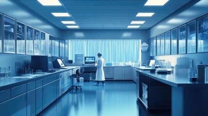 Poster - Research lab with cleanroom environment, tech engineer monitoring medical electronics system
