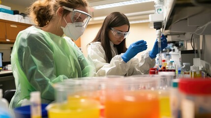 Poster - Researchers in protective clothing examining synthetic tissue cultures with advanced lab equipment