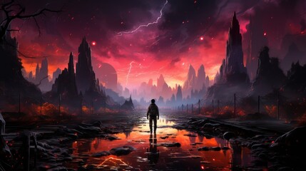 Canvas Print - A lone figure walks through a surreal, fiery landscape under a stormy sky.