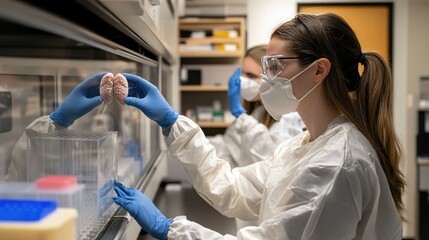 Poster - Researchers in protective clothing examining synthetic tissue cultures with advanced lab equipment