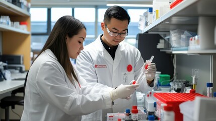 Poster - Researchers in white coats analyzing synthetic tissue samples, high-tech lab environment