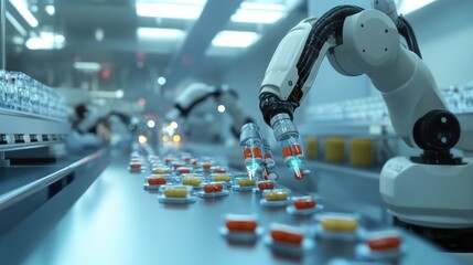 Poster - Robotic arms handling pharmaceutical tablets in a high-tech drug manufacturing facility