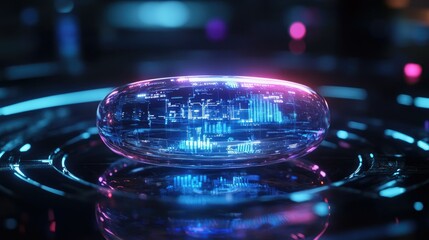 Poster - Smart pill with AI technology inside, holographic data display surrounding it