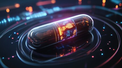 Poster - Smart pill with AI technology inside, holographic data display surrounding it