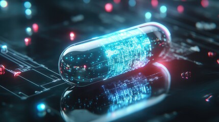 Poster - Smart pill with AI technology inside, holographic data display surrounding it