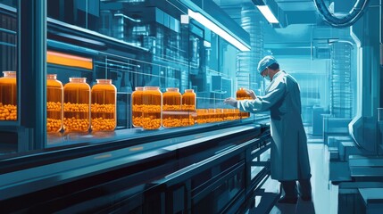 Poster - Technician supervising medicine production line in a futuristic pharmaceutical factory