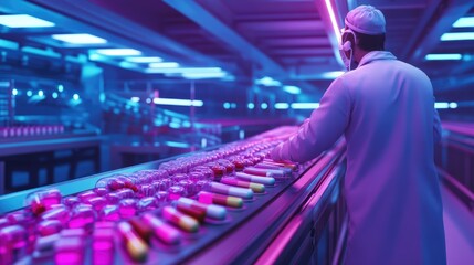 Poster - Technician supervising medicine production line in a futuristic pharmaceutical factory