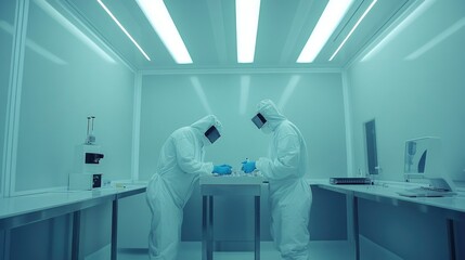 Poster - Technicians in coveralls working in a cleanroom, developing medical electronics with specialized tools