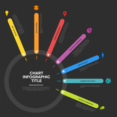 Poster - Simple dark timeline template made of rainbow color thick line segments on big circle. Multipurpose infochart template displaying main milestones or important stages on circle path.