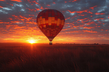 Colorful hot air balloons flying over mountain, Hot air balloon above high mountain at sunrise or sunset.
