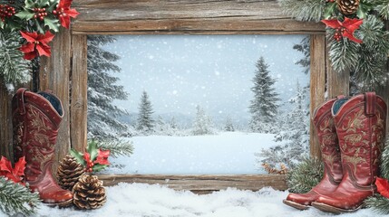 Framed western Christmas scene with blank space in the center bordered by rustic wood and decorated with holly, pinecones, and cowboy boots against a snowy backdrop