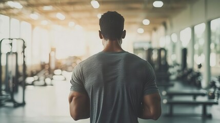 Young man in a gym, holding his back in pain after lifting weights, fitness and injury prevention concept