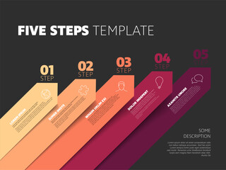 Poster - five steps infographic process template with big diagonal red arrows numbers icons and descriptions.