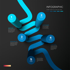 Poster - Vector dark multipurpose Infographic template made from color vertical  cylinder steps  chart with numbers descriptions color stripes and legend - dark background version with 5 blue steps elements