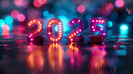 Neon 2025 New Year Celebration Light Up. Happy New year 2025 concept  with Text 2025.