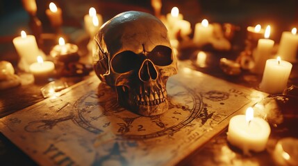 Creepy skull on a Ouija board with candles