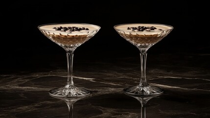 Crystal Glasses with Espresso Martinis Two elegant, slender glasses filled with creamy espresso martinis, topped with coffee beans