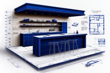 Wall Mural - 2D illustration of a simple blueprint on a white background, showing the layout of a modern kitchen with clean lines and labeled sections, symbolizing simplicity and clarity