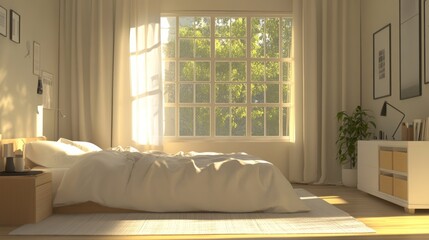 Minimalistic Muji-style 3D rendering of a bedroom interior with simple, open layout and soft, neutral colors; digital art.