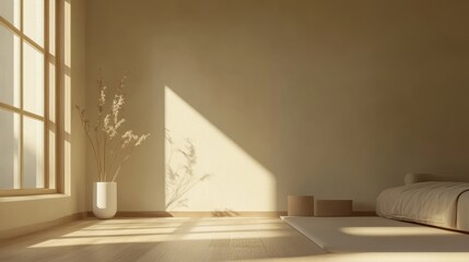 Minimalistic Muji-style 3D rendering of a bedroom interior with simple, open layout and soft, neutral colors; digital art.