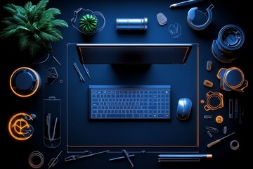 Poster - A blueprint layout for a home office with ergonomic furniture design, computer setup, and lighting design, emphasizing functionality and comfort in modern workspaces, symbolizing productivity