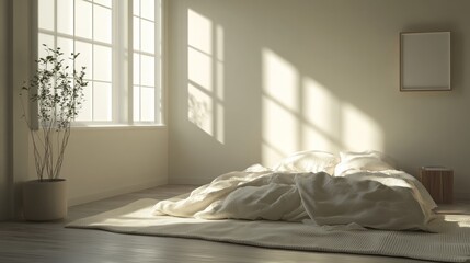 Minimalistic Muji-style 3D rendering of a bedroom interior with simple, open layout and soft, neutral colors; digital art.