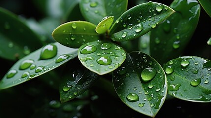 Canvas Print - Close-up of green leaves with water droplets, highlighting nature's beauty and freshness.