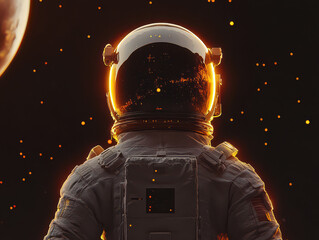 silhouetted astronaut in glowing space suit gazes at distant celestial body under a starry sky.