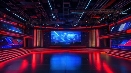 A modern news studio with advanced lighting and a large screen displaying a cityscape.