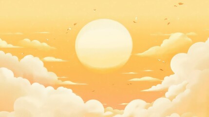 Poster - A serene sunset scene with a large sun and soft clouds in a warm yellow hue.