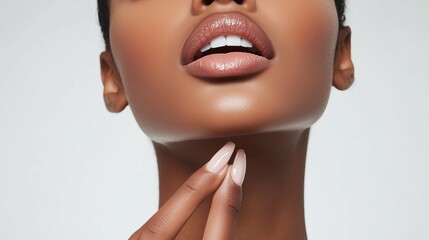 A close-up of a woman's face showcasing radiant skin and perfectly manicured nails against a neutral background