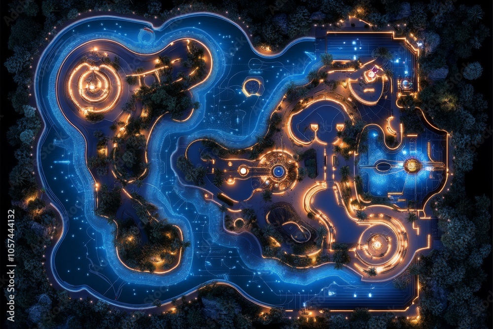 A realistic blueprint of an amusement park layout with rides, paths ...