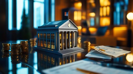 Poster - A miniature bank model surrounded by coins and paperwork, symbolizing finance and investment.