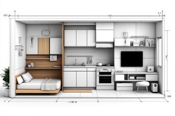 Aufkleber - Blueprint of a compact apartment layout with open kitchen and living room, simple furnishings, and minimal details, capturing modern minimalist interior design, symbolizing elegance and simplicity