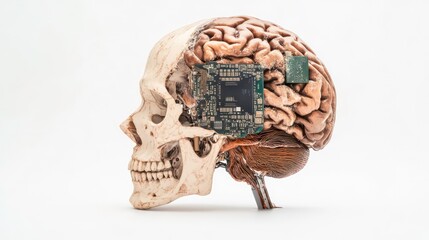 Poster - A skull with a brain and circuit board, merging biology and technology.