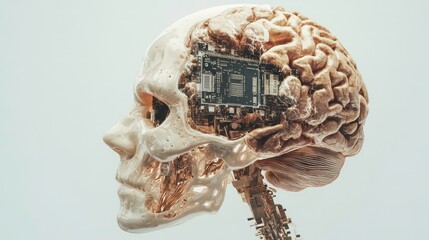 Poster - A futuristic skull with a circuit board, blending biology and technology.
