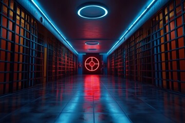 Aufkleber - Cyberpunk jail cell with neon lights and digital bars in a dark urban setting, capturing the high-tech and intense atmosphere of a futuristic confinement, symbolizing edge and control