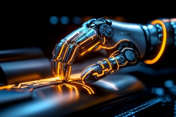 Poster - Cyberpunk robotic arm with neon lights and metallic components, set in a futuristic industrial workshop, capturing the edgy aesthetic of high-tech machinery, symbolizing power and innovation