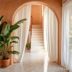 Poster - Peach terrazzo, arches, and curtains in the hallway of an Italian villa with a staircase, plants, and interior design photography.