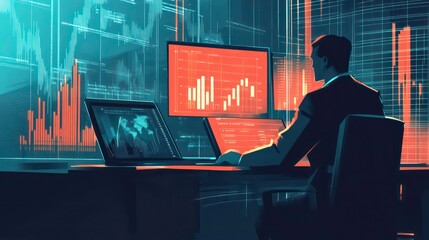 Poster - A professional analyzing data trends on a laptop in a modern office setting.