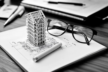 Aufkleber - Detailed blueprint of a skyscraper foundation with reinforced steel, concrete pillars, and earthquake-resistant technology, capturing the technical aspects of civil engineering, symbolizing