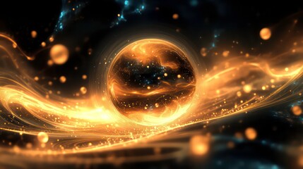 Poster - This captivating close-up portrays a glowing sphere surrounded by glowing orbs and dynamic waves, demonstrating the beauty of abstract art