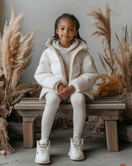 Adorable Little Girl in Cozy Winter Outfit Sitting on Bench, Ideal for Children's Fashion, Seasonal Clothing Ads, Lifestyle Photography, Winter Apparel Catalogs, or Warmth and Comfort Campaigns