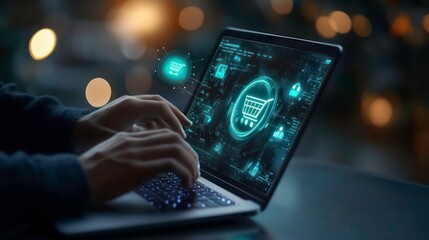 Poster - A person using a laptop with a digital shopping cart interface and glowing icons.