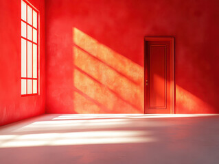 Red room with a single window and a closed door, sunbeams shining through the window.