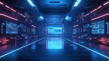 Poster - Futuristic corridor with illuminated screens and advanced technology interfaces.
